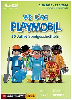 Das Plakat zur Playmobil-Ausstellung zeigt fünf Figuren aus fünf Jahrzenten.