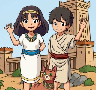Sommerferienprogramm "Caesar & Kleopatra" Titelbild des Sommerferienprogramms mit den drei Protagonisten Kleo, Juli und Bastet.
