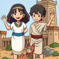 Sommerferienprogramm "Caesar & Kleopatra" Titelbild des Sommerferienprogramms mit den drei Protagonisten Kleo, Juli und Bastet.