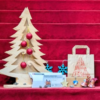 Weihnachtspaket: Schlüsselanhänger der TSG Hoffenheim, Generationenkarte für die Sonderausstellung "Fußballfieber", Geschenktüte und weihnachtliche Dekoration.