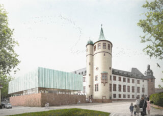 WLGW_Perspektive_1.jpg Perspektivansicht von Südosten auf den
Museumsneubau mit dem Altbau im Hintergrund.